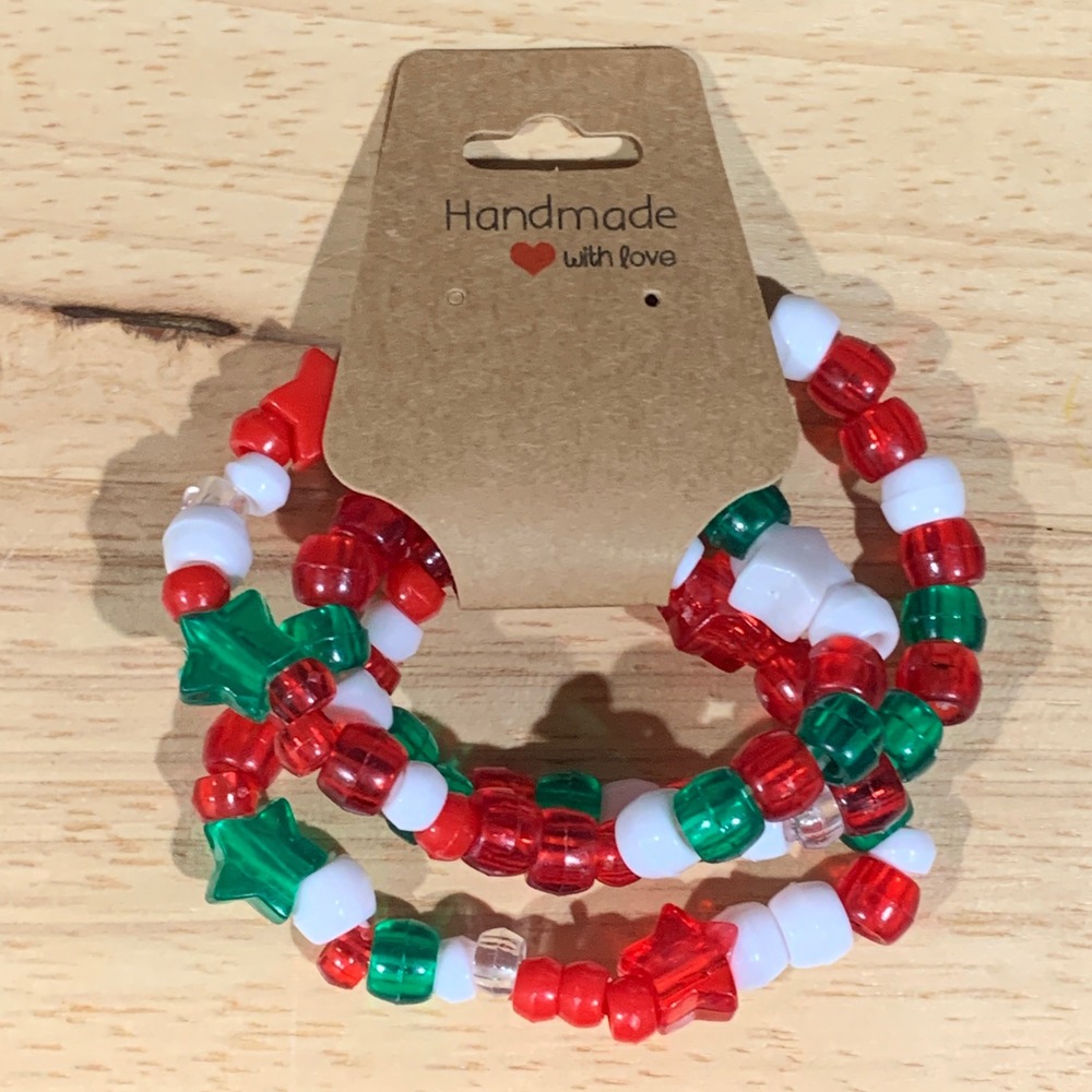 Handmade Beaded Bracelet Women OS Christmas Holiday Pony Star Red Green White